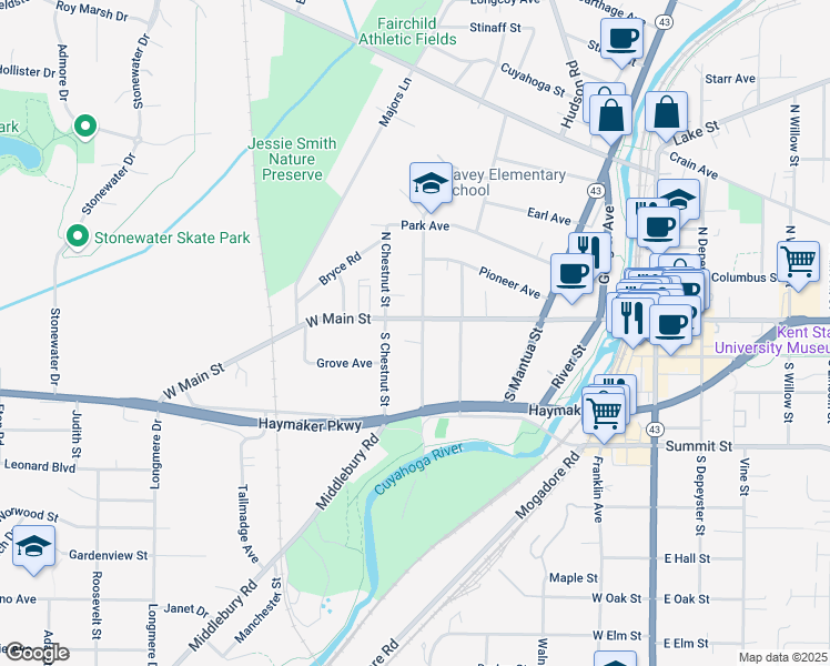 map of restaurants, bars, coffee shops, grocery stores, and more near 607 West Main Street in Kent