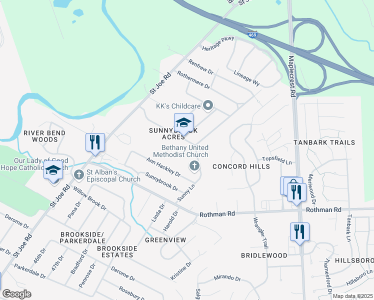map of restaurants, bars, coffee shops, grocery stores, and more near 5331-5399 Rebecca Street in Fort Wayne