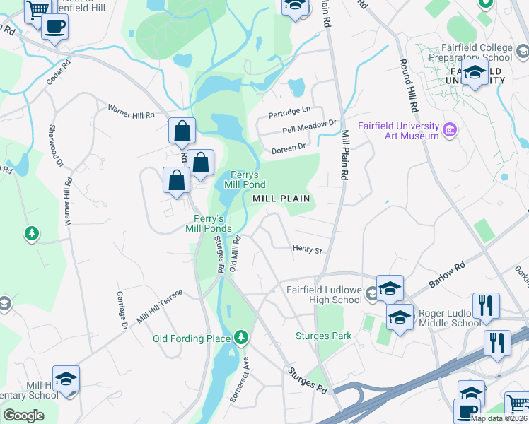 map of restaurants, bars, coffee shops, grocery stores, and more near 266 Dunnlea Road in Fairfield
