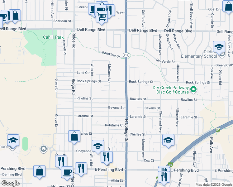 map of restaurants, bars, coffee shops, grocery stores, and more near 3901-3935 McCann Ave in Cheyenne