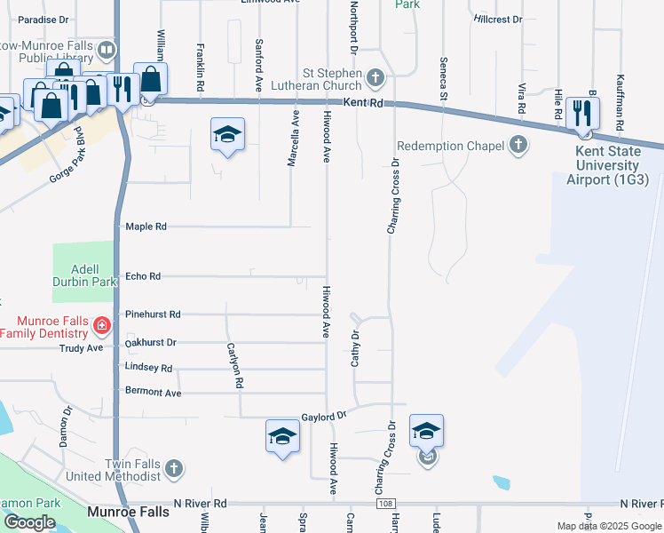 map of restaurants, bars, coffee shops, grocery stores, and more near 3355 Hiwood Avenue in Stow