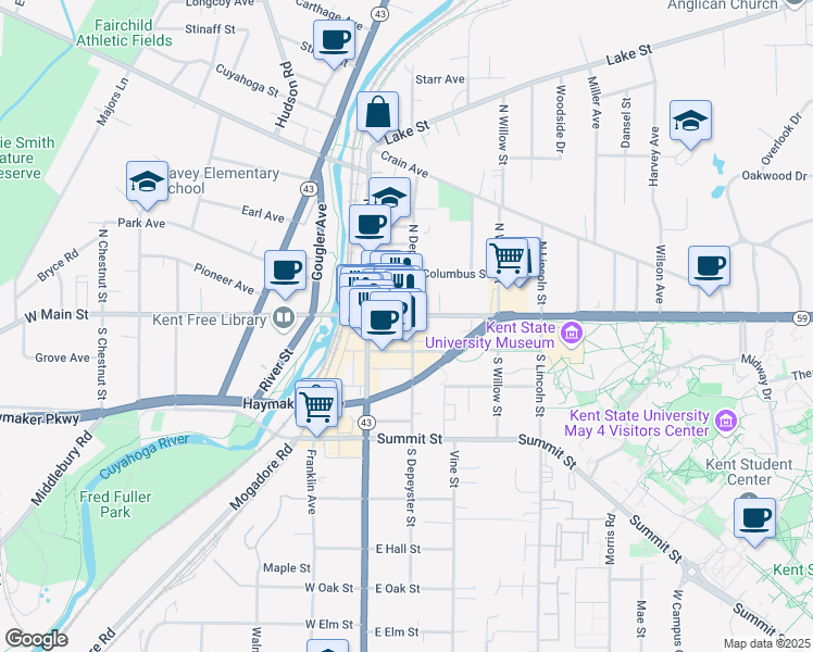 map of restaurants, bars, coffee shops, grocery stores, and more near 176 East Main Street in Kent
