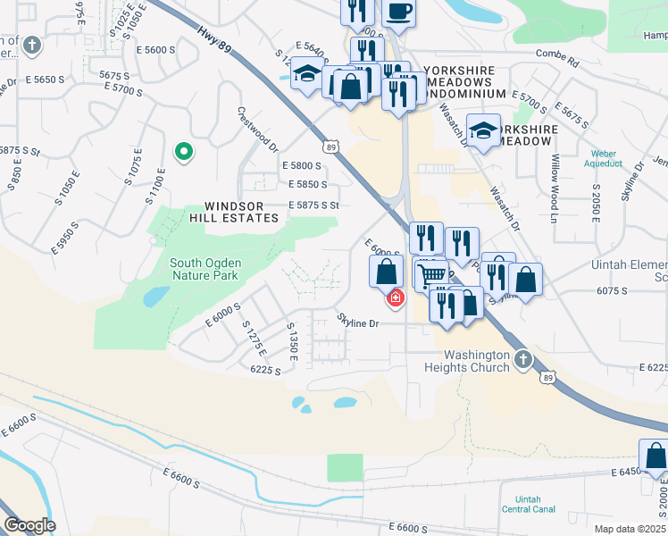 map of restaurants, bars, coffee shops, grocery stores, and more near 6045 South Ridgeline Drive in South Ogden