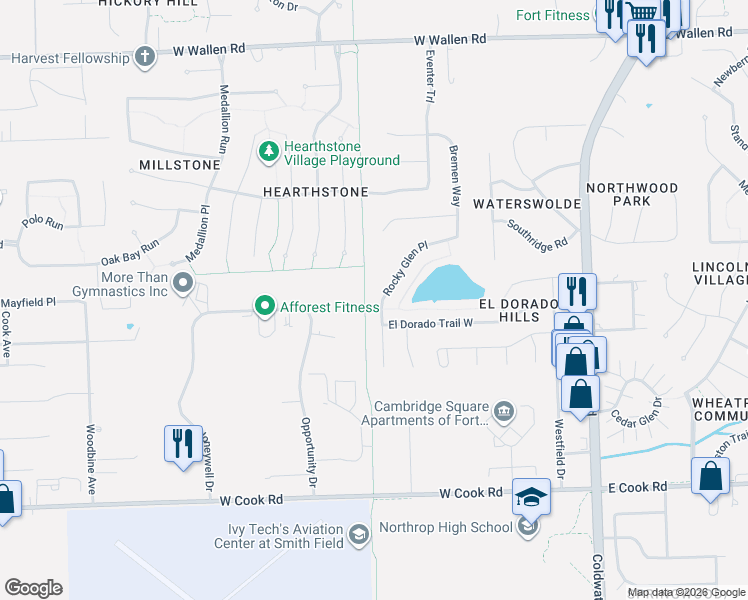 map of restaurants, bars, coffee shops, grocery stores, and more near 8039 Rocky Glen Place in Fort Wayne