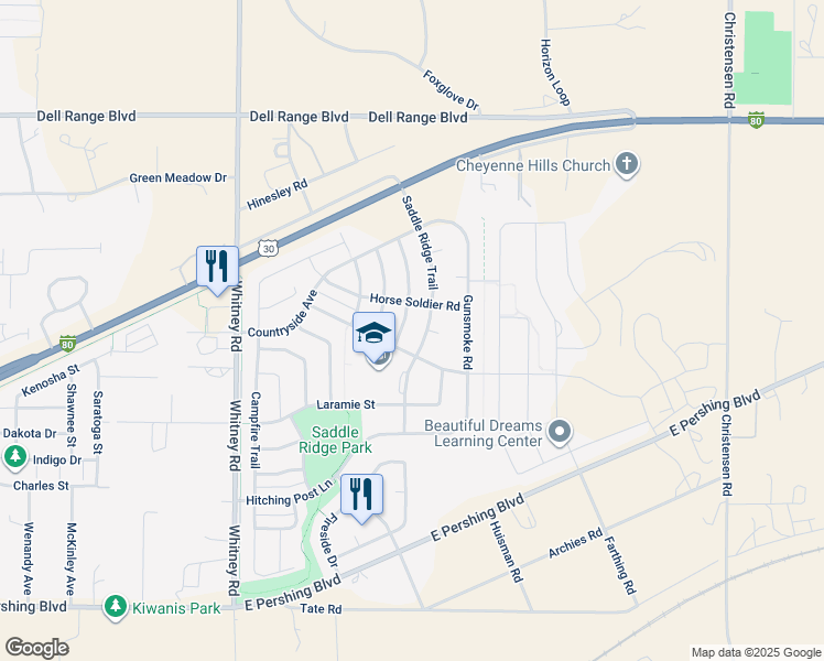 map of restaurants, bars, coffee shops, grocery stores, and more near 3825 Raindancer Trail in Cheyenne