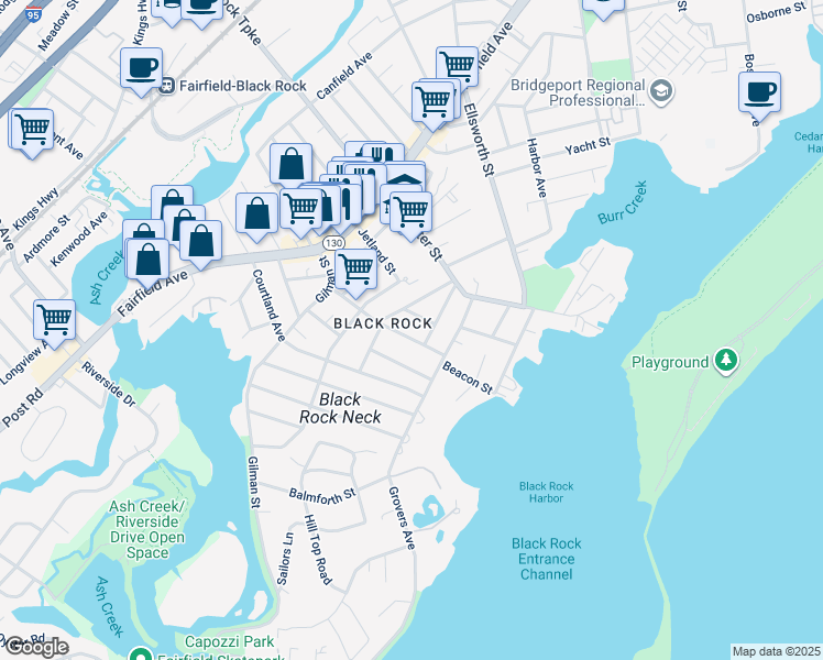 map of restaurants, bars, coffee shops, grocery stores, and more near 75 Fairlawn Avenue in Bridgeport
