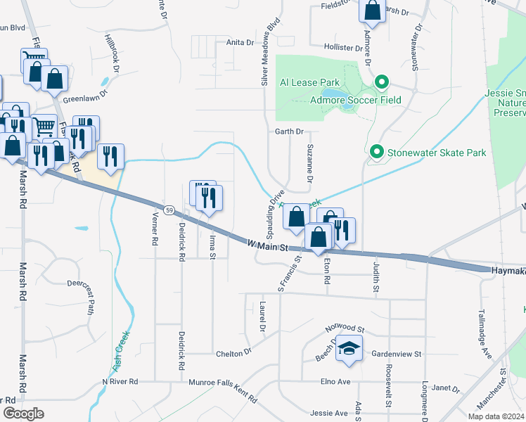 map of restaurants, bars, coffee shops, grocery stores, and more near 260 Spaulding Drive in Kent