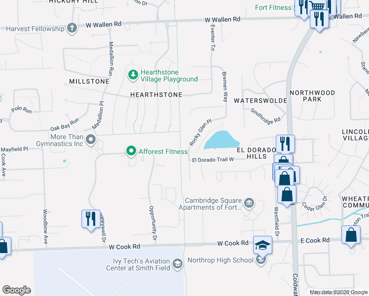 map of restaurants, bars, coffee shops, grocery stores, and more near 8039 Rocky Glen Place in Fort Wayne