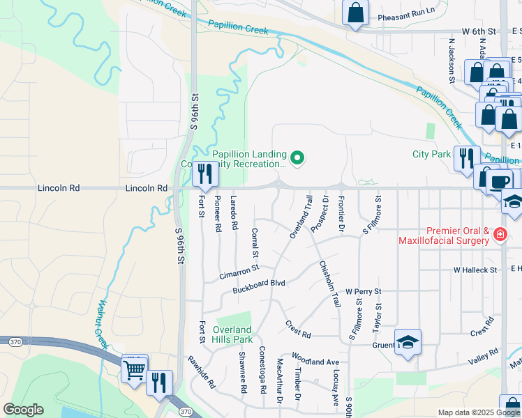 map of restaurants, bars, coffee shops, grocery stores, and more near 302 Corral Circle in Papillion