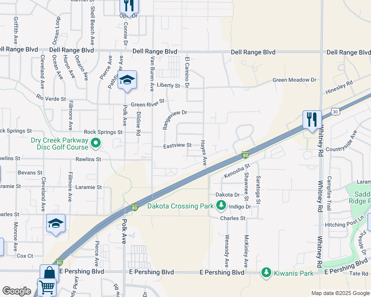 map of restaurants, bars, coffee shops, grocery stores, and more near 5404 Eastview Street in Cheyenne