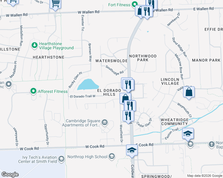 map of restaurants, bars, coffee shops, grocery stores, and more near 221 El Dorado Trail East in Fort Wayne