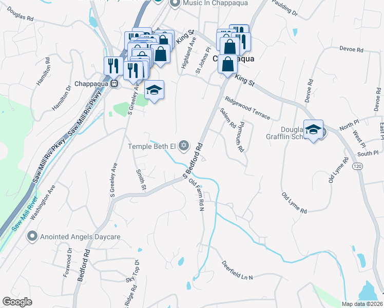 map of restaurants, bars, coffee shops, grocery stores, and more near 200 South Bedford Road in Chappaqua