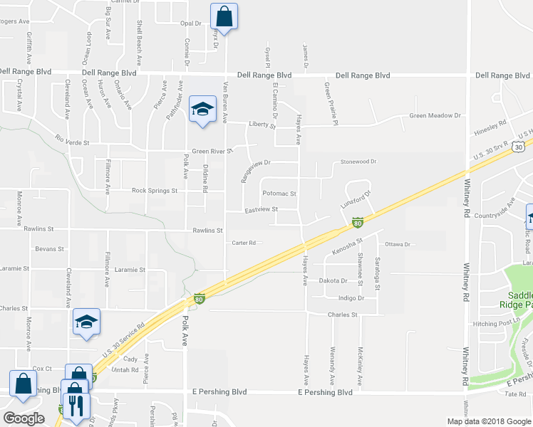 map of restaurants, bars, coffee shops, grocery stores, and more near 5307 Eastview Street in Cheyenne