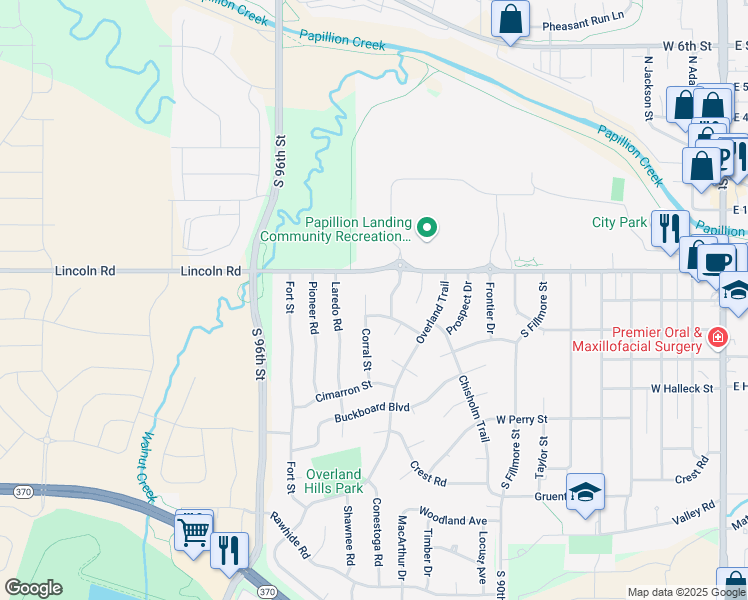 map of restaurants, bars, coffee shops, grocery stores, and more near 302 Corral Circle in Papillion