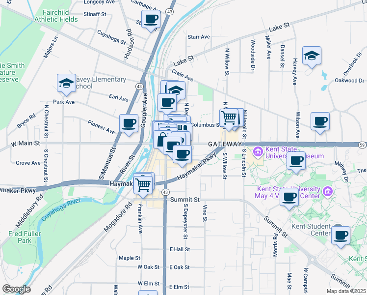 map of restaurants, bars, coffee shops, grocery stores, and more near 176 East Main Street in Kent
