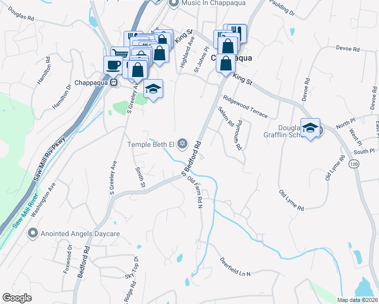 map of restaurants, bars, coffee shops, grocery stores, and more near 190 South Bedford Road in Chappaqua