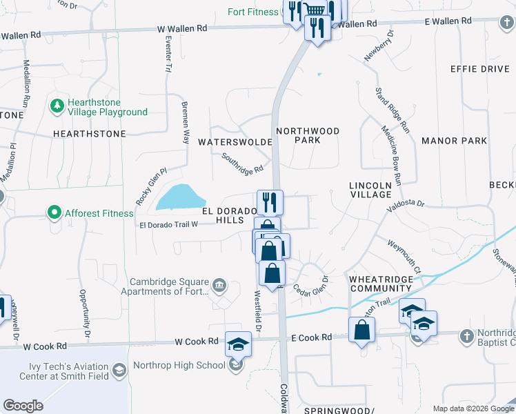 map of restaurants, bars, coffee shops, grocery stores, and more near 230 Passier Court in Fort Wayne