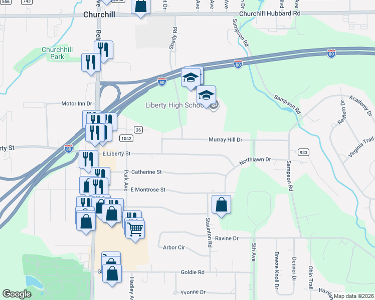 map of restaurants, bars, coffee shops, grocery stores, and more near 505 Murray Hill Drive in Youngstown