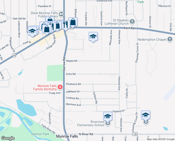 map of restaurants, bars, coffee shops, grocery stores, and more near 2006 Maple Road in Stow