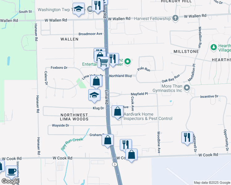 map of restaurants, bars, coffee shops, grocery stores, and more near 1610 Mayfield Road in Fort Wayne