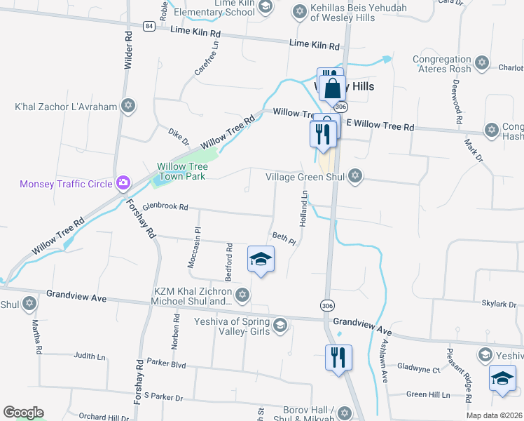 map of restaurants, bars, coffee shops, grocery stores, and more near 49 Windmill Drive in Monsey
