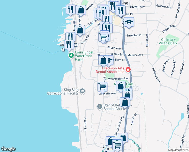 map of restaurants, bars, coffee shops, grocery stores, and more near 35 Hamilton Avenue in Ossining