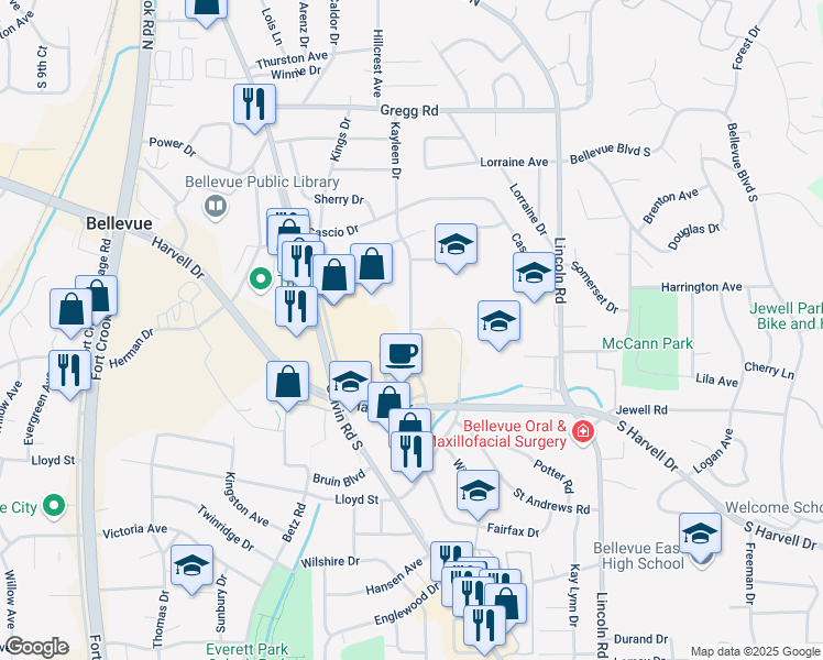 map of restaurants, bars, coffee shops, grocery stores, and more near 701 Kayleen Drive in Bellevue