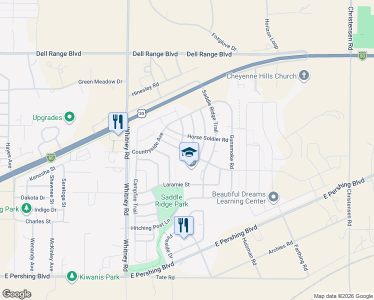 map of restaurants, bars, coffee shops, grocery stores, and more near 3800 Fire Walker Trail in Cheyenne