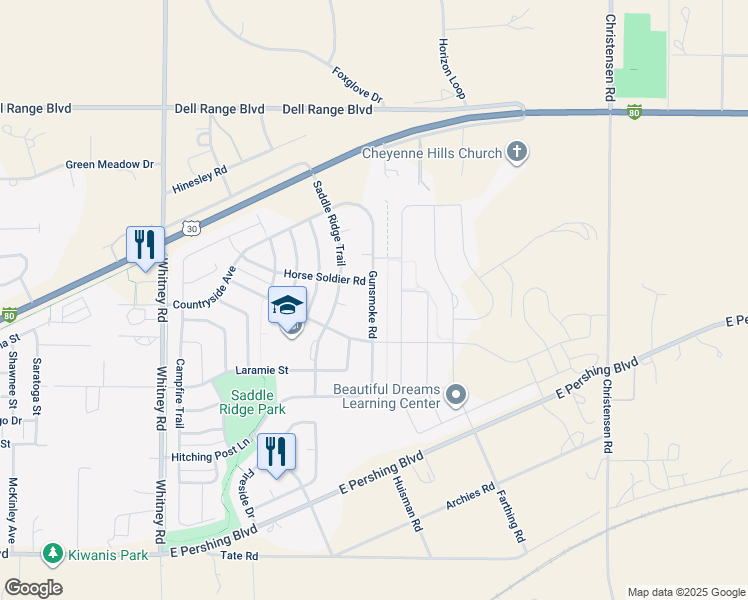 map of restaurants, bars, coffee shops, grocery stores, and more near 3833 Gunsmoke Road in Cheyenne