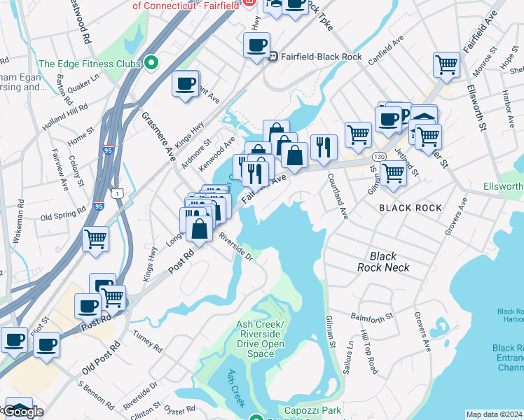 map of restaurants, bars, coffee shops, grocery stores, and more near 1 Beachview Avenue in Bridgeport