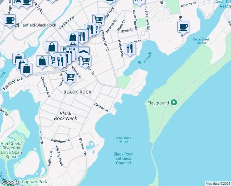 map of restaurants, bars, coffee shops, grocery stores, and more near 219 Brewster Street in Bridgeport