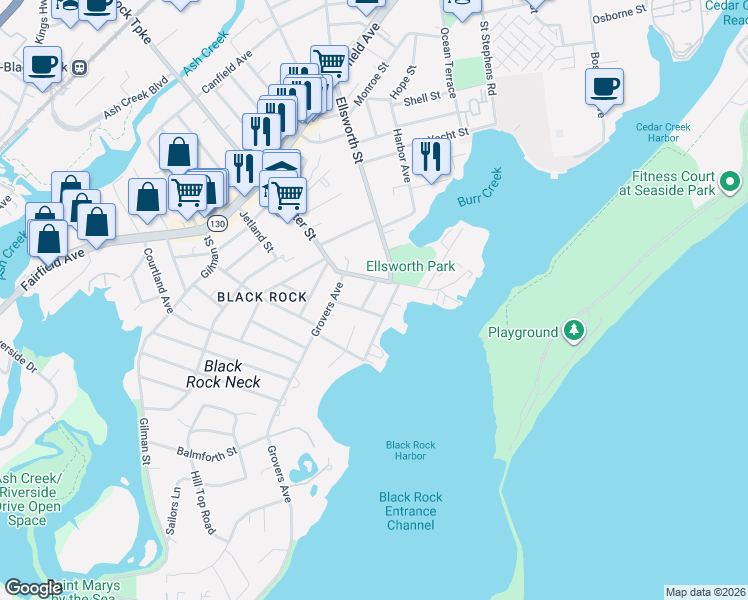 map of restaurants, bars, coffee shops, grocery stores, and more near 219 Brewster Street in Bridgeport
