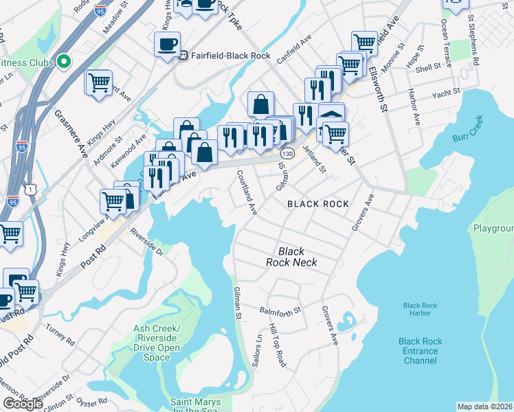 map of restaurants, bars, coffee shops, grocery stores, and more near 120 Clarkson Street in Bridgeport