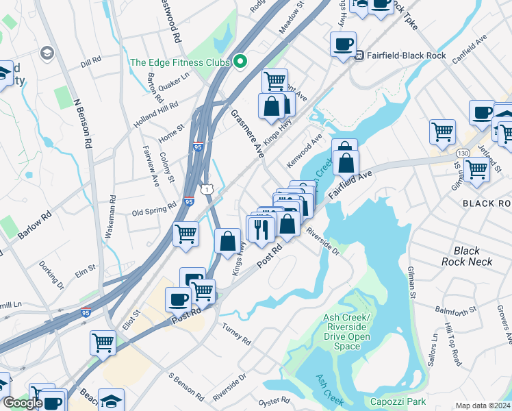 map of restaurants, bars, coffee shops, grocery stores, and more near 2029 Kings Highway in Fairfield