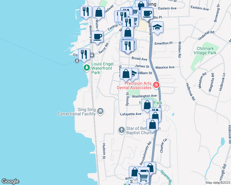 map of restaurants, bars, coffee shops, grocery stores, and more near 35 Hamilton Avenue in Ossining