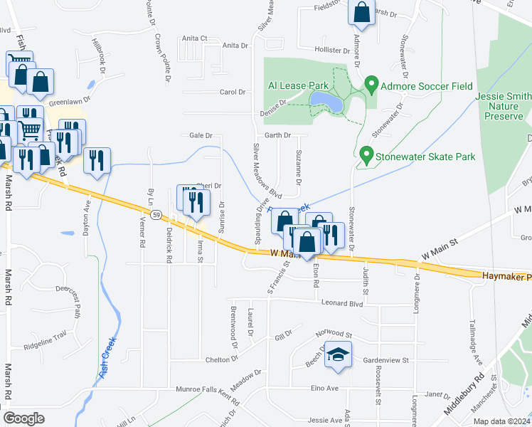 map of restaurants, bars, coffee shops, grocery stores, and more near 260 Spaulding Drive in Kent
