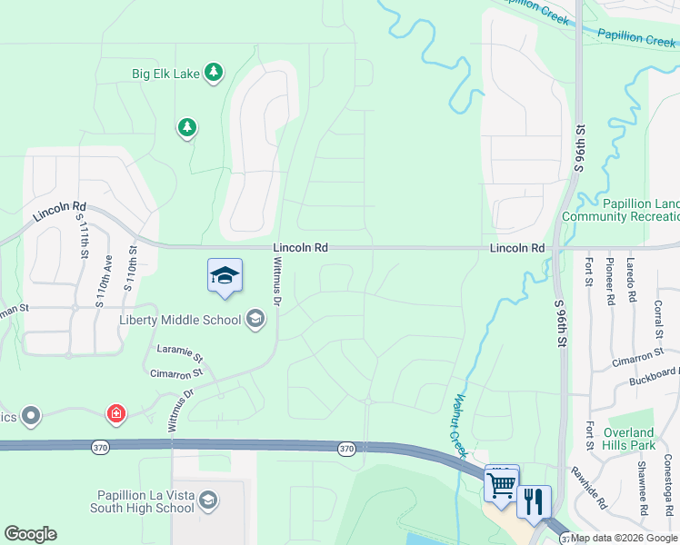 map of restaurants, bars, coffee shops, grocery stores, and more near 10341-10425 West Lincoln Road in La Vista