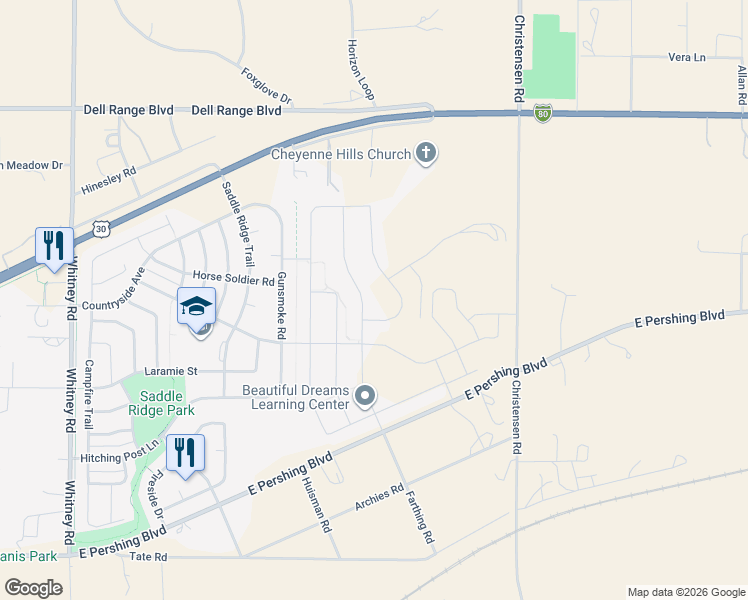 map of restaurants, bars, coffee shops, grocery stores, and more near 3833 Gunsmoke Road in Cheyenne