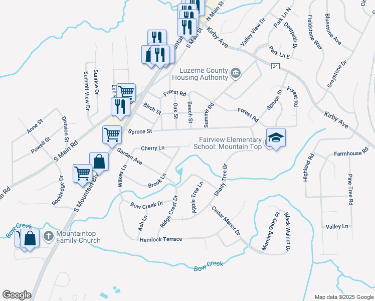 map of restaurants, bars, coffee shops, grocery stores, and more near 77 Brook Lane in Mountain Top