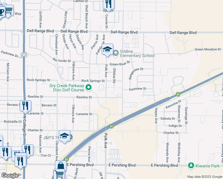 map of restaurants, bars, coffee shops, grocery stores, and more near 5011 Crews Court in Cheyenne