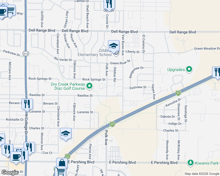 map of restaurants, bars, coffee shops, grocery stores, and more near 4915 Rock Springs Street in Cheyenne