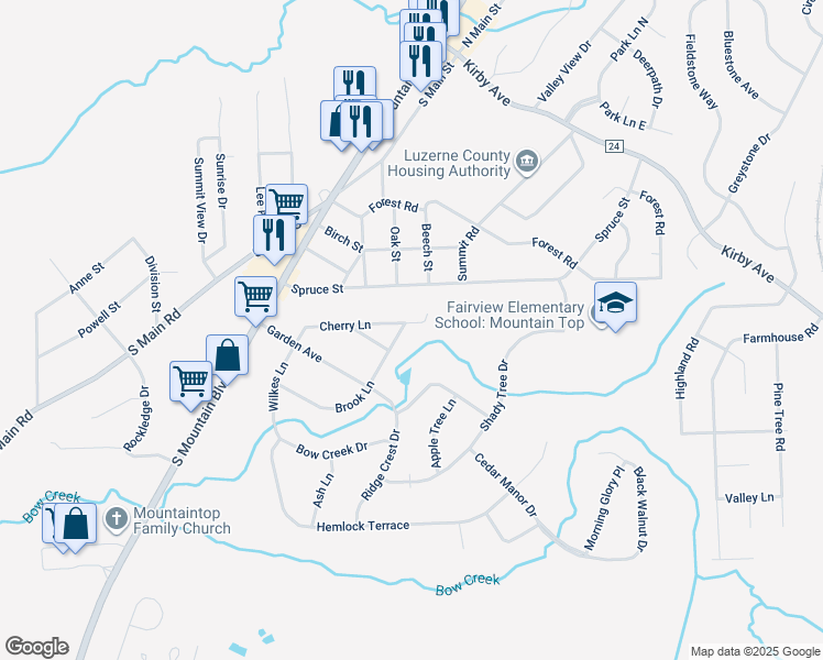 map of restaurants, bars, coffee shops, grocery stores, and more near 77 Brook Lane in Mountain Top