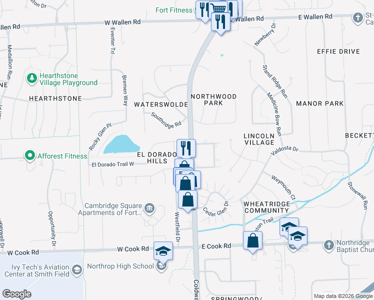 map of restaurants, bars, coffee shops, grocery stores, and more near 8101 Coldwater Road in Fort Wayne