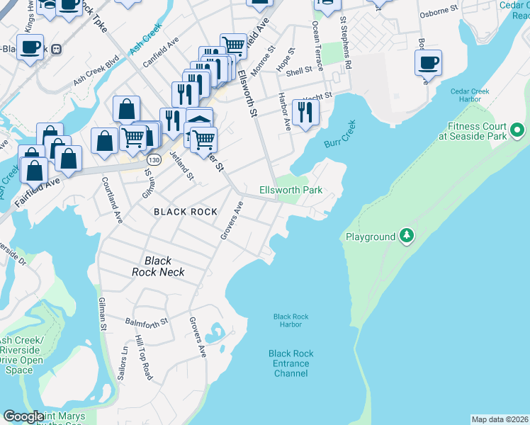 map of restaurants, bars, coffee shops, grocery stores, and more near 219 Brewster Street in Bridgeport