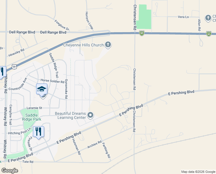 map of restaurants, bars, coffee shops, grocery stores, and more near in Warren Air Force Base