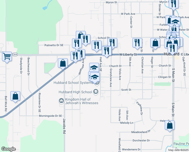 map of restaurants, bars, coffee shops, grocery stores, and more near 150 Hall Avenue Southeast in Hubbard