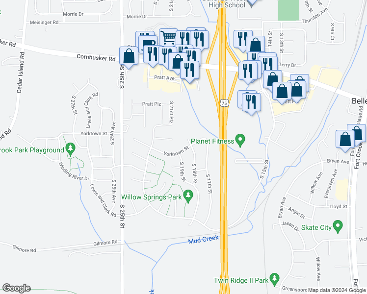 map of restaurants, bars, coffee shops, grocery stores, and more near 1806 Yorktown Street in Bellevue