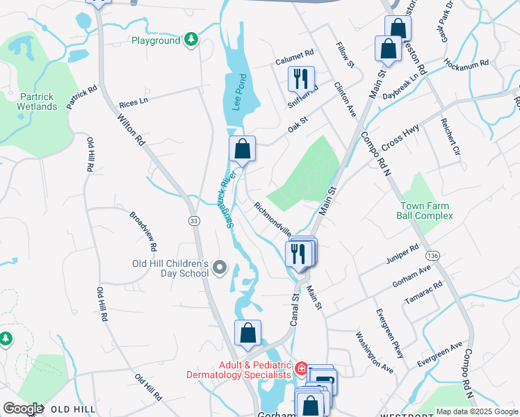 map of restaurants, bars, coffee shops, grocery stores, and more near 32 Richmondville Ave in Westport
