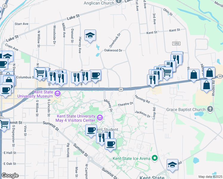 map of restaurants, bars, coffee shops, grocery stores, and more near 1288 East Main Street in Kent