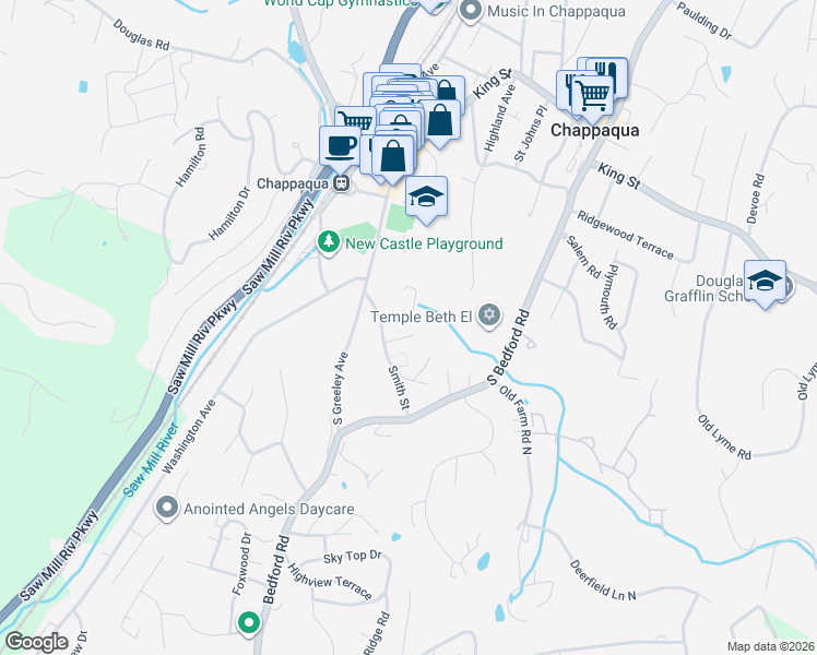 map of restaurants, bars, coffee shops, grocery stores, and more near 34 Glenside Place in Chappaqua